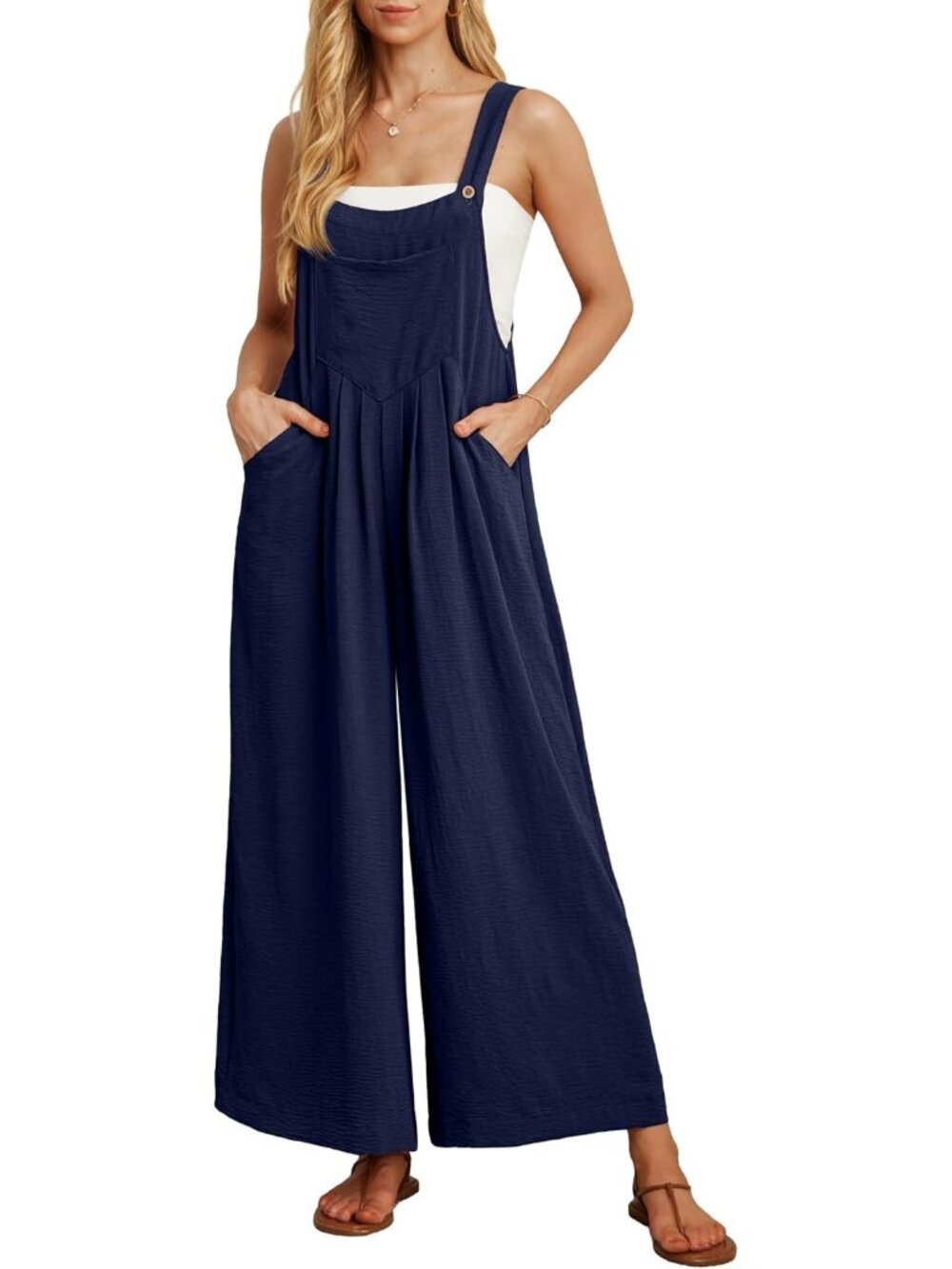 Women's Navy Blue Summer Boho Wide Leg Overalls Loose Rompers with Pockets